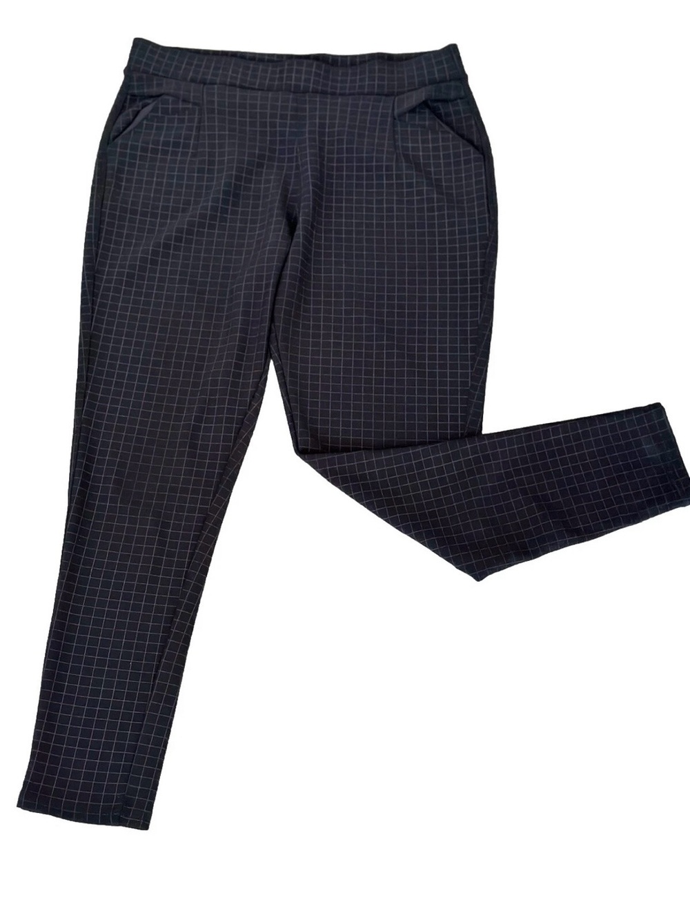 Kay Unger NY Pull On Stretch  Pants  Skinny Crop Black Grid Print  Sz Large